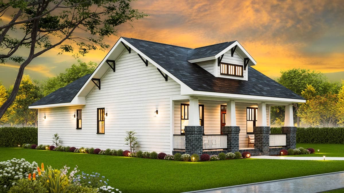Craftsman-style house plan exterior, one story, with a covered front porch, decorative gable brackets, and dormer.