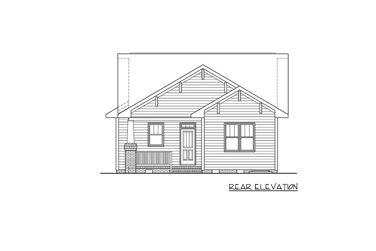 Rear elevation drawing of a one-story house with a gabled roof, front porch with brick piers, and double-hung windows.