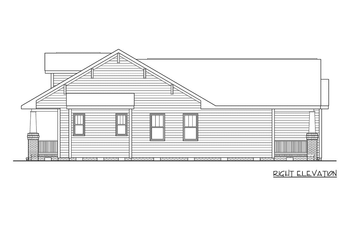 Right elevation house plan drawing showing a single-story home with gables, hip roof, porch, and dormers.