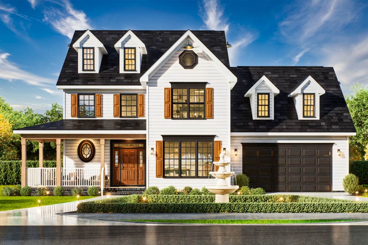 House plan exterior featuring a two-story farmhouse style with a front porch, gabled roof, and attached garage.