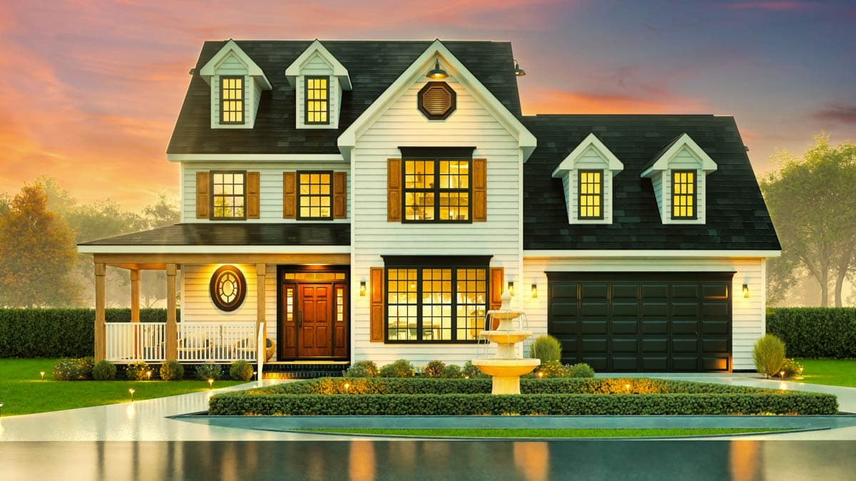 Modern farmhouse house plan exterior, two stories, porch, dormers, and two-car garage.