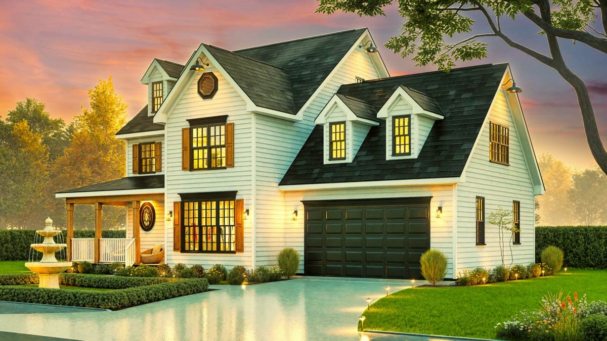 House plan exterior: two-story Modern Farmhouse with a covered porch, dormer windows, gables, and a side-entry garage.