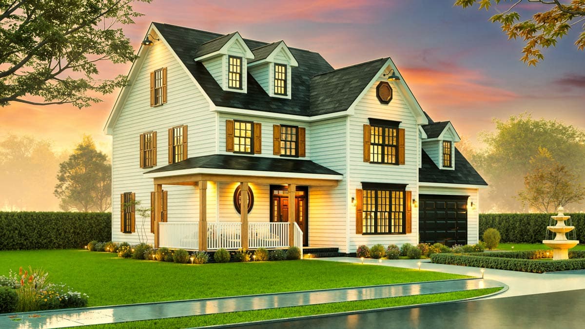 House plan exterior: Two-story white siding home with a gabled roof, dormers, covered front porch with white railing, and attached garage.