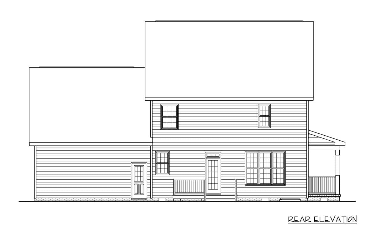 Rear elevation drawing of a two-story house plan with multiple windows, two doors, and a porch.