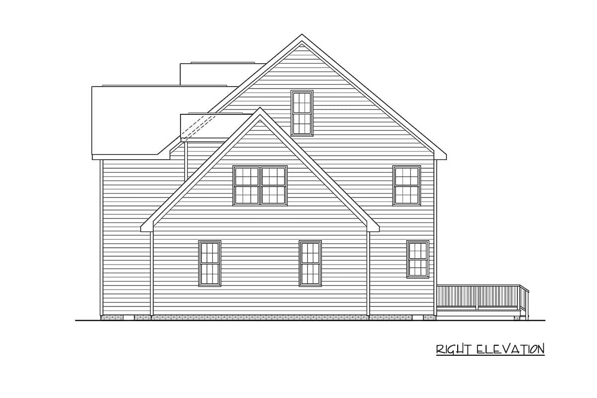 Right elevation house plan drawing showing multiple gables, dormer, and deck.
