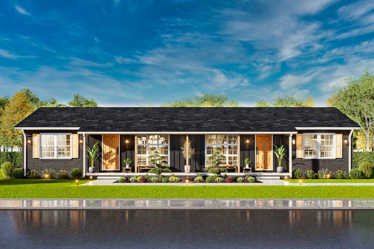 House plan exterior. One-story structure with a gabled roof. Features include wood doors, shuttered windows, and a small front porch.