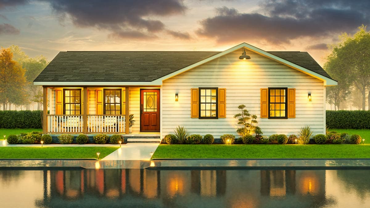 House plan exterior: Ranch style with a covered front porch, gable roof, and wood siding.