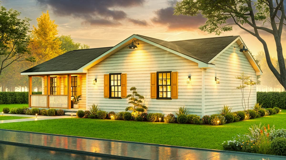 Ranch house plan exterior with a front porch, gabled roof, and two visible dormers.
