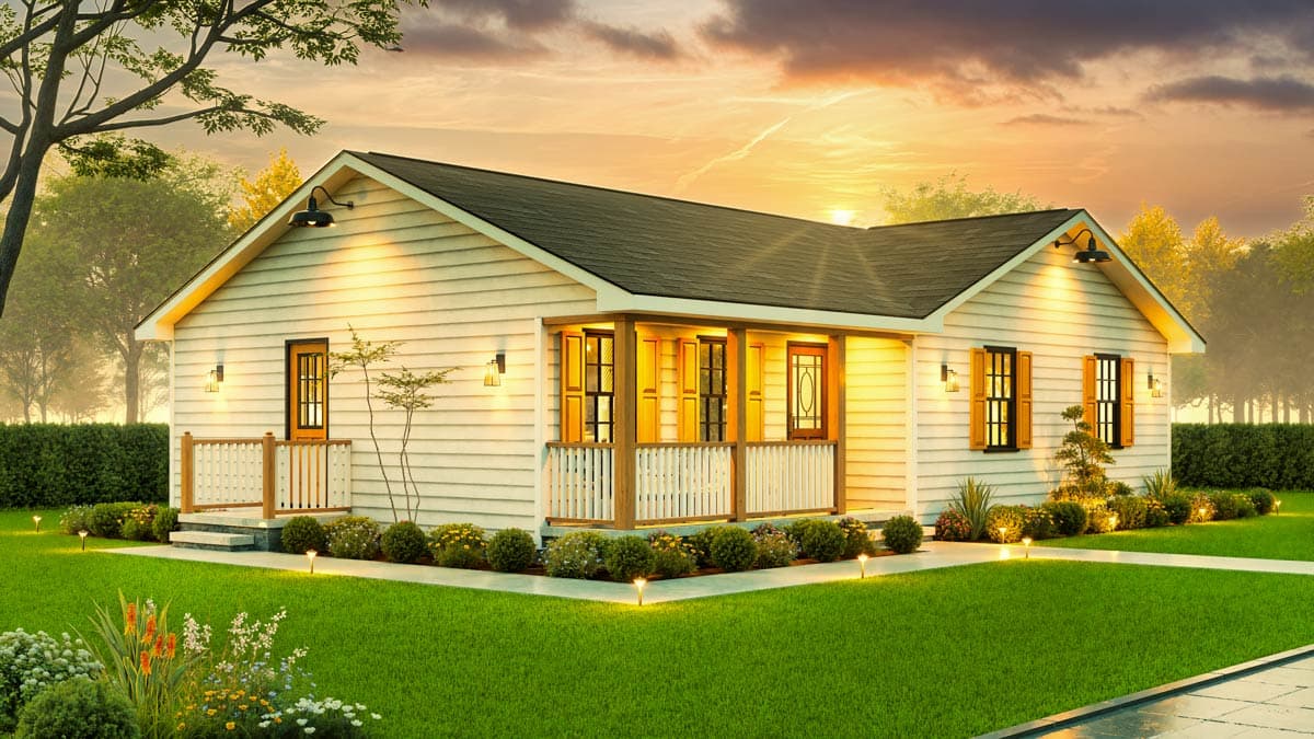 House plan exterior: Single-story Modern Farmhouse with covered front porch, gables, and horizontal siding.