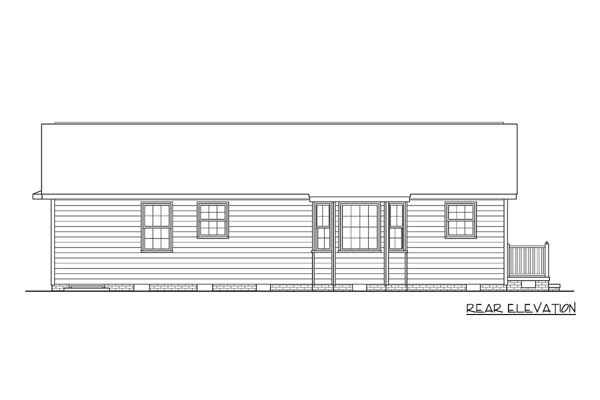 Rear elevation drawing of a single-story house plan with horizontal siding, double-hung windows, and a small deck.