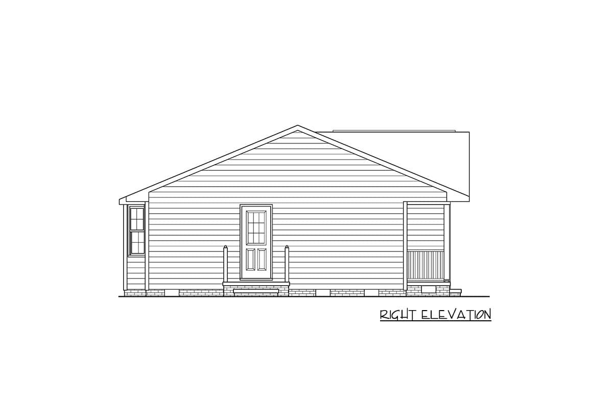 Right elevation house plan with a gable roof, siding, a front door with glass panes, and a covered porch.