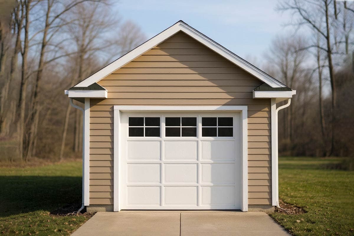 House plan exterior. Small garage with gabled roof, white trim, and a multi-panel garage door with windows.