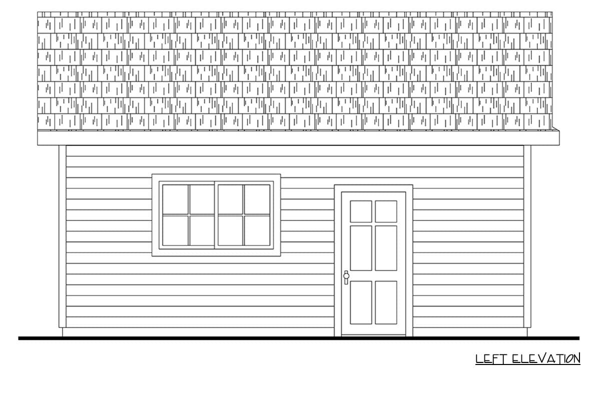 Left elevation of house plan showing horizontal siding, one window with six panes, and a paneled door with six panes.