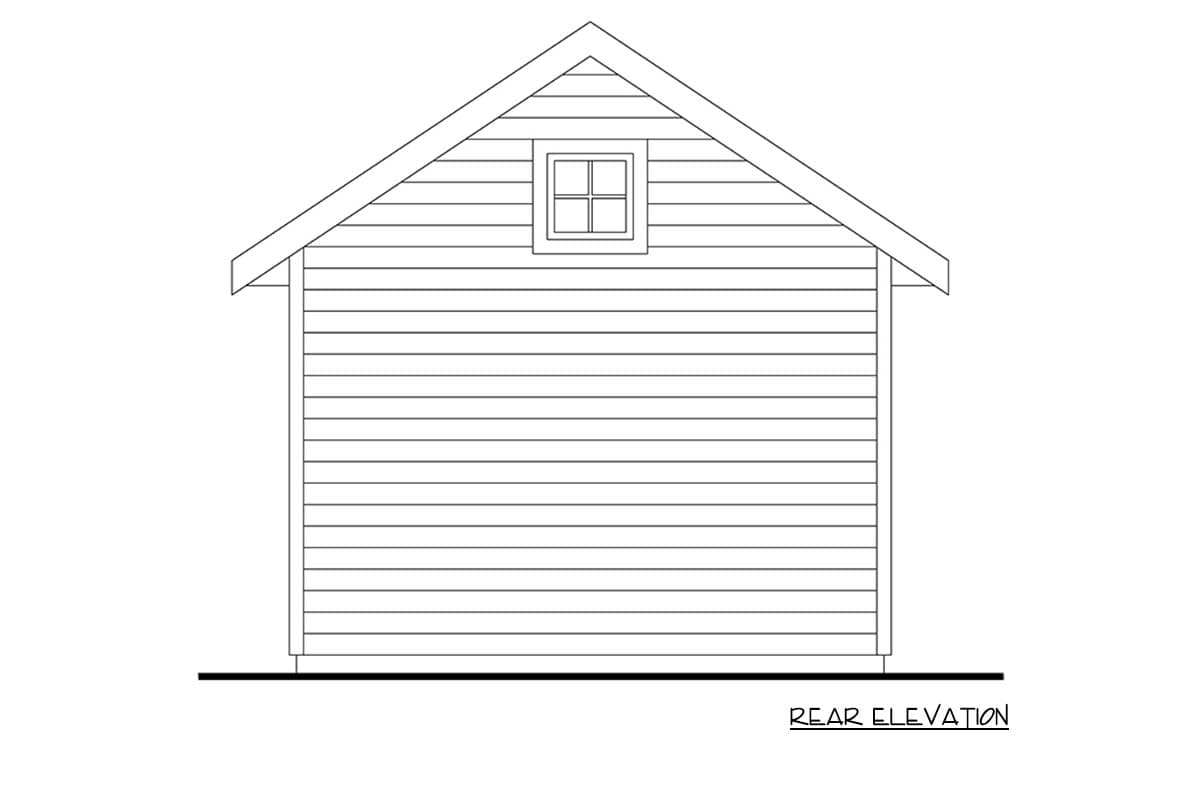 Rear elevation drawing of a house with horizontal siding and a single dormer window in the gable.