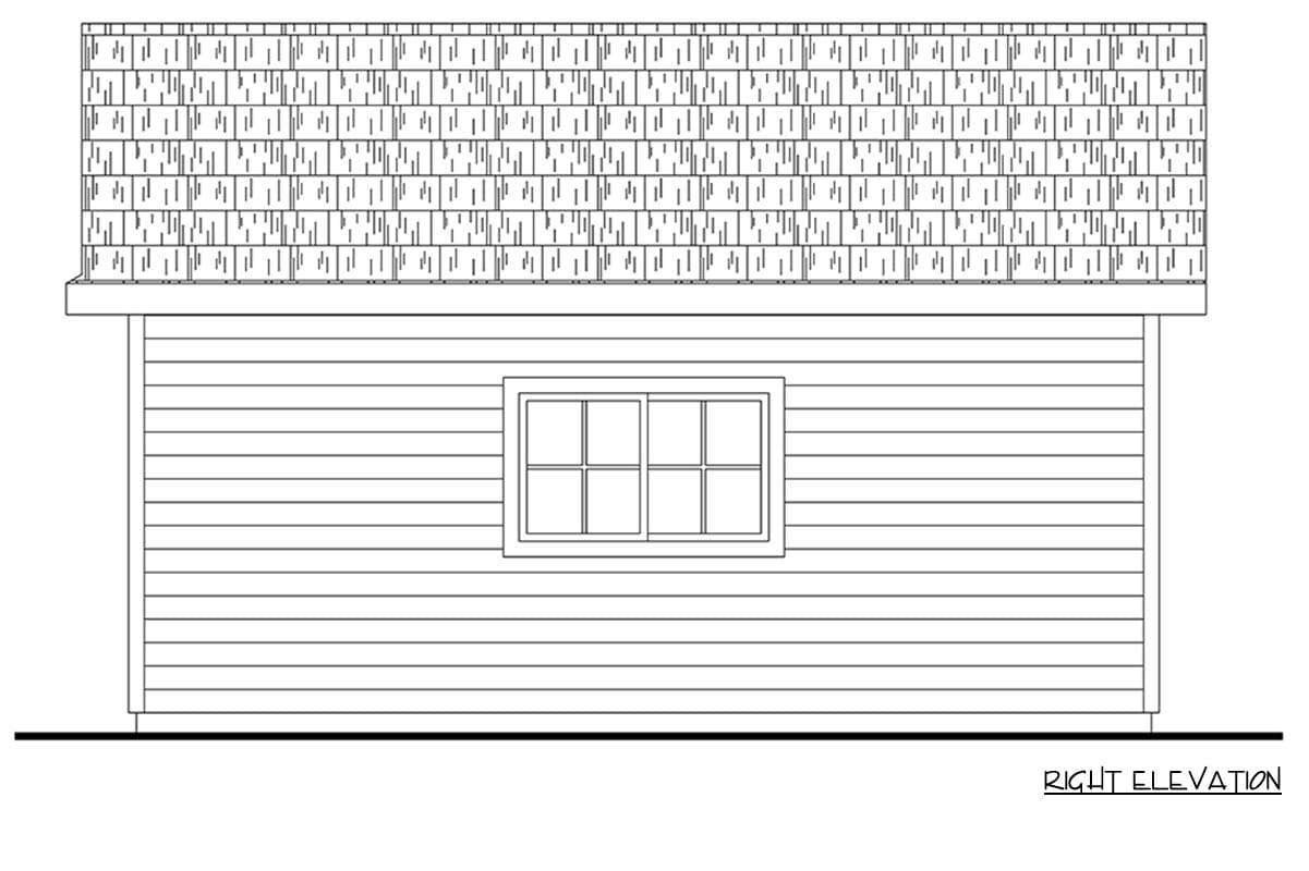 Right elevation of a house plan showing horizontal siding and a shingled roof with one multi-pane window.
