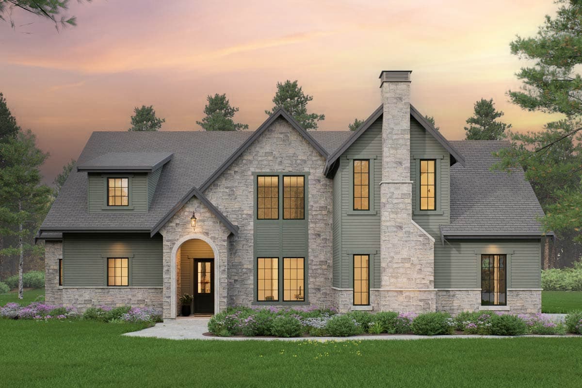 House plan exterior. Two-story, stone and siding facade with gable roof. Features include dormers, arched entry, and a prominent chimney.