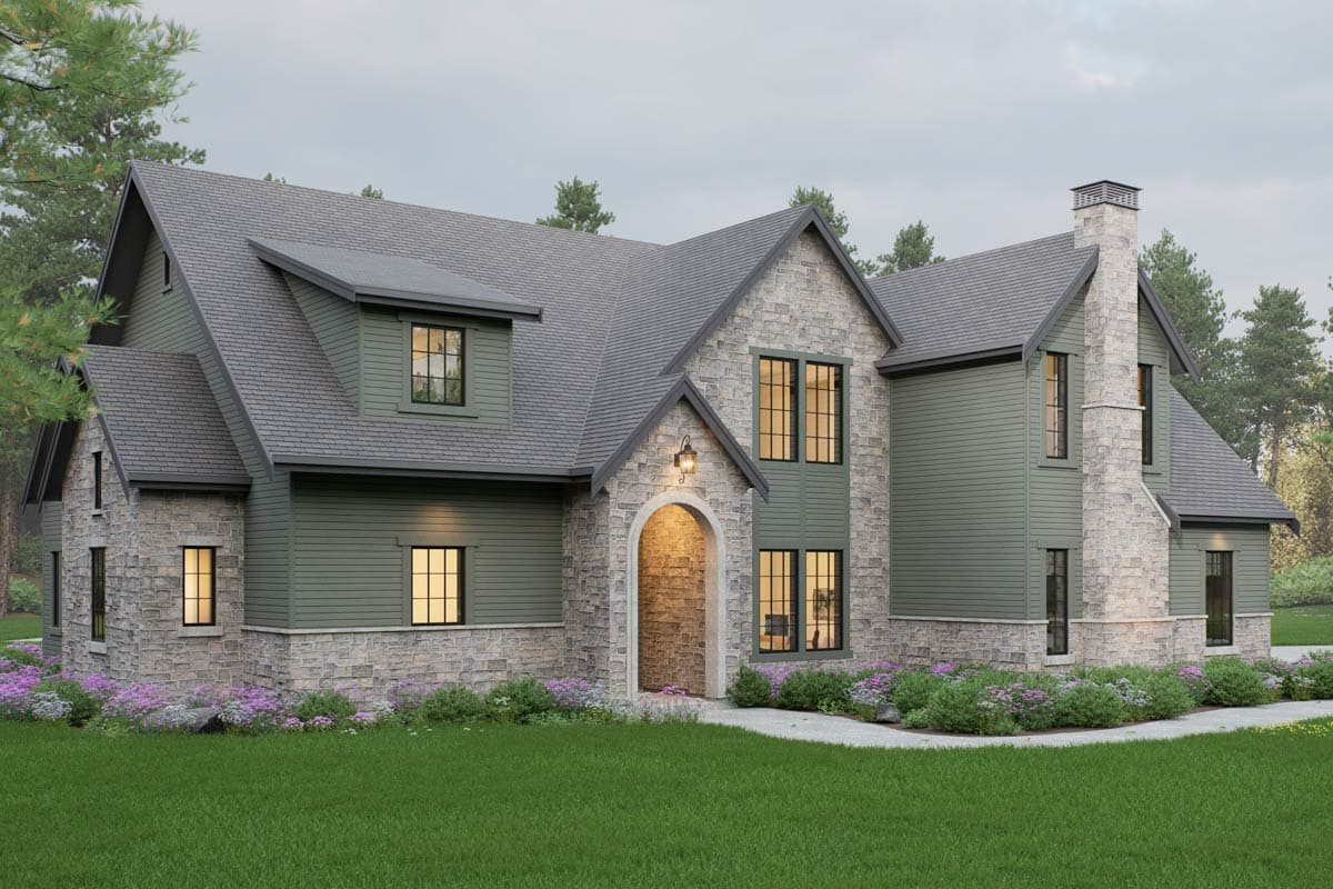 House plan exterior with stone accents, gables, dormers, and a prominent stone chimney.