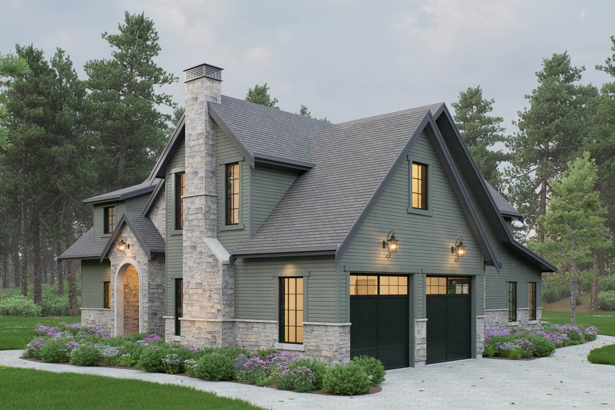House plan exterior with stone chimney, arched entryway, and two-car garage. Features board-and-batten siding and gabled dormers.