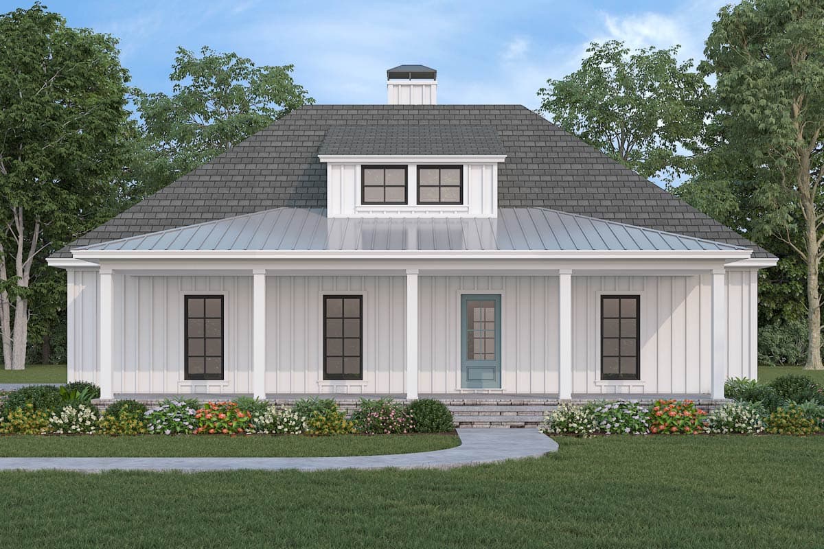 House plan exterior with board and batten siding, a front porch with columns, and a dormer. The roof features metal and asphalt shingles.