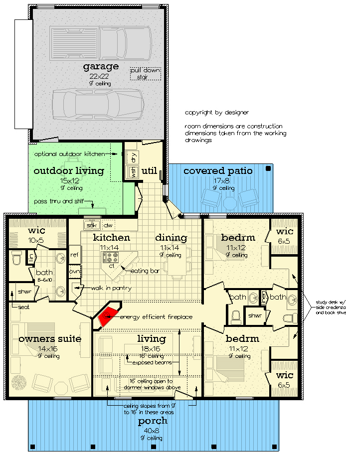 Plan 55247BR: 3-Bed Country Ranch Starter Home Plan with Front Dormer and 2-Car Garage - Floor Plan - Main Level - Country, Farmhouse, Ranch, Southern