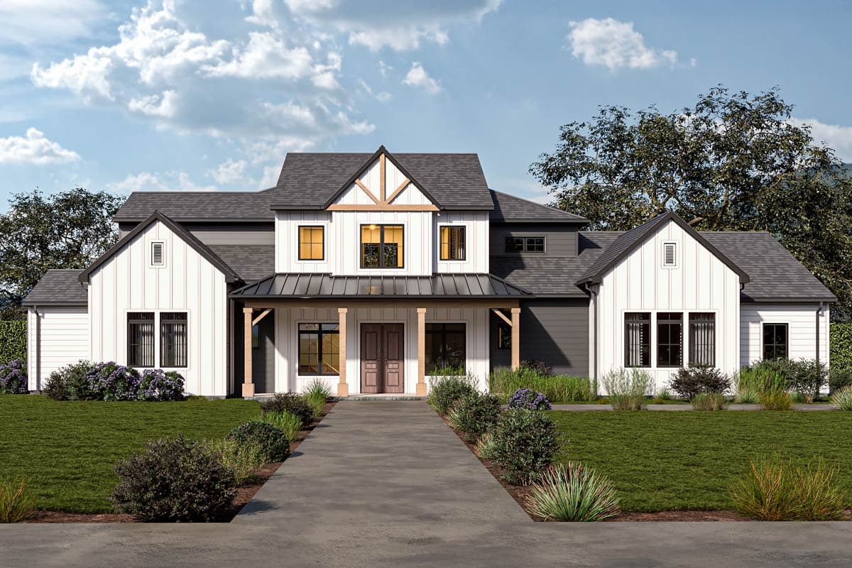 House plan exterior featuring a two-story Modern Farmhouse design. Notable features include a front porch, gables, and vertical siding.