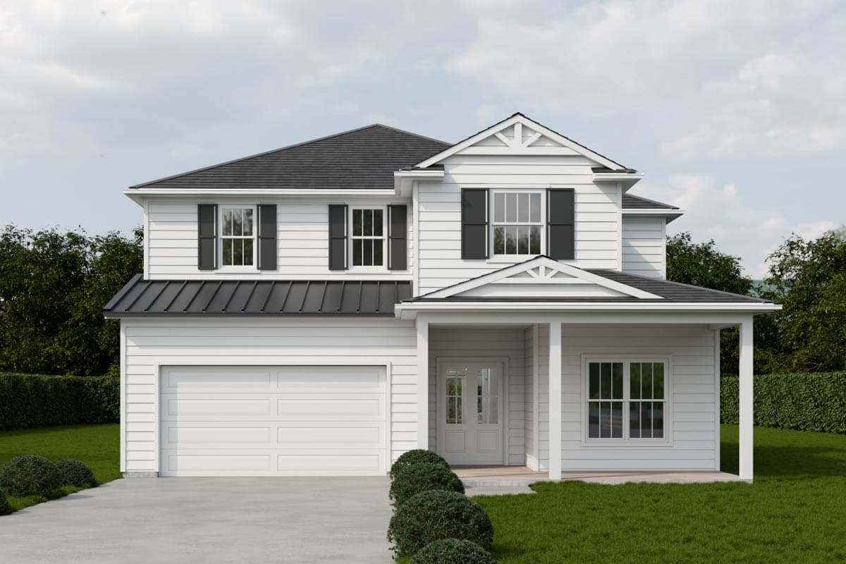 House plan exterior. Two-story farmhouse with a front-facing garage. Features include a front porch, gables, and a contrasting black roof.