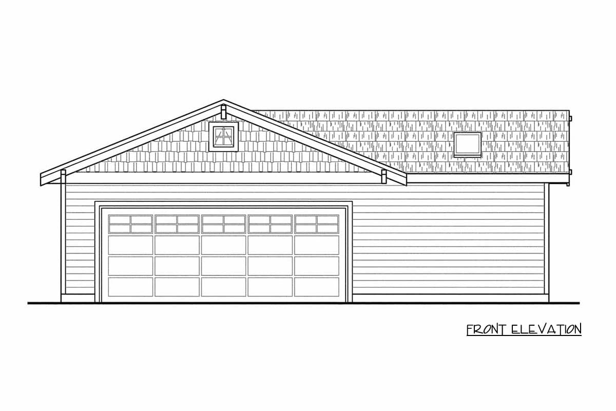 Front elevation drawing of a garage with a gable roof, dormer window, and multi-pane garage door.