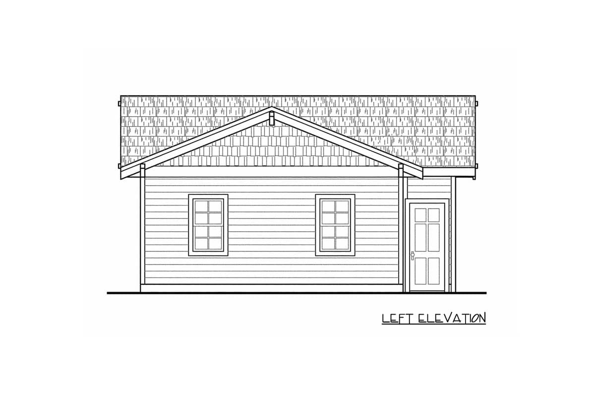 Left elevation of a house plan featuring horizontal siding, two windows, and a gabled roof with shingled gables.
