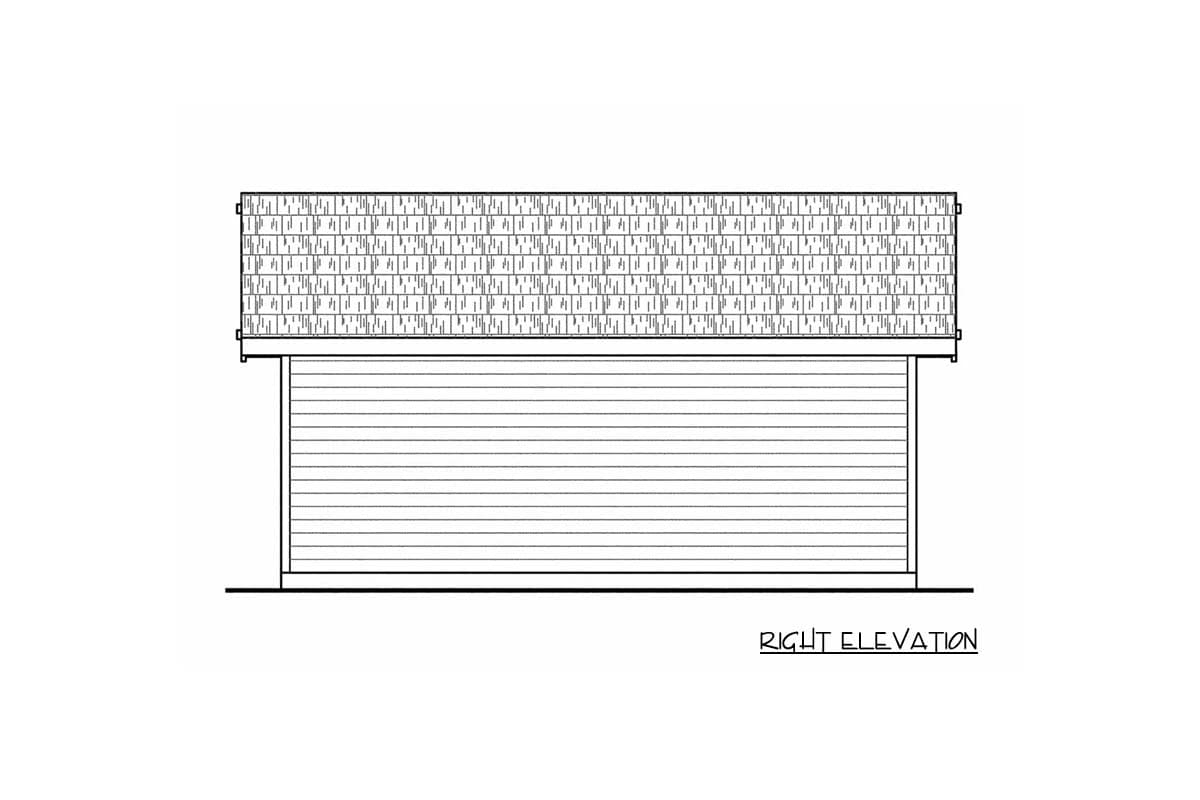 Right elevation drawing of a house plan with horizontal siding and a shingled gable roof.