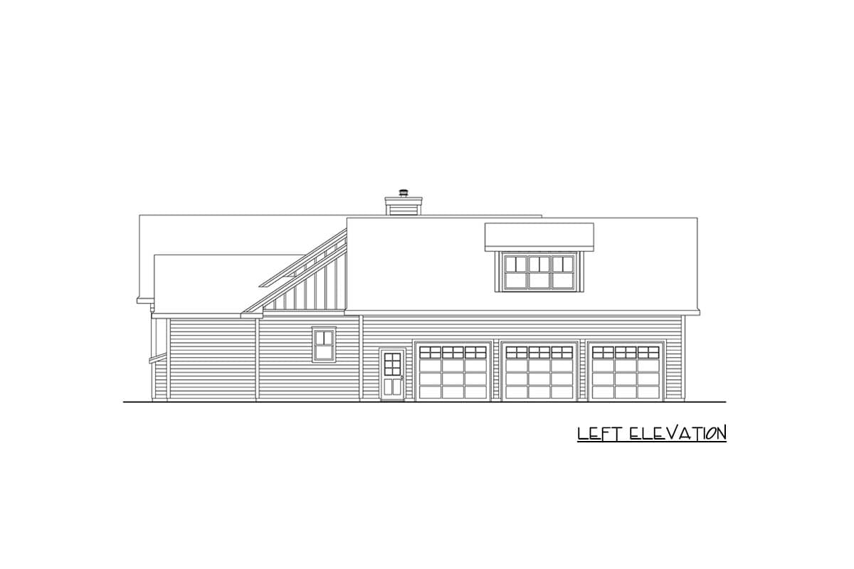 Left elevation of a house plan showing a three-car garage, gabled dormer, and shed roof.