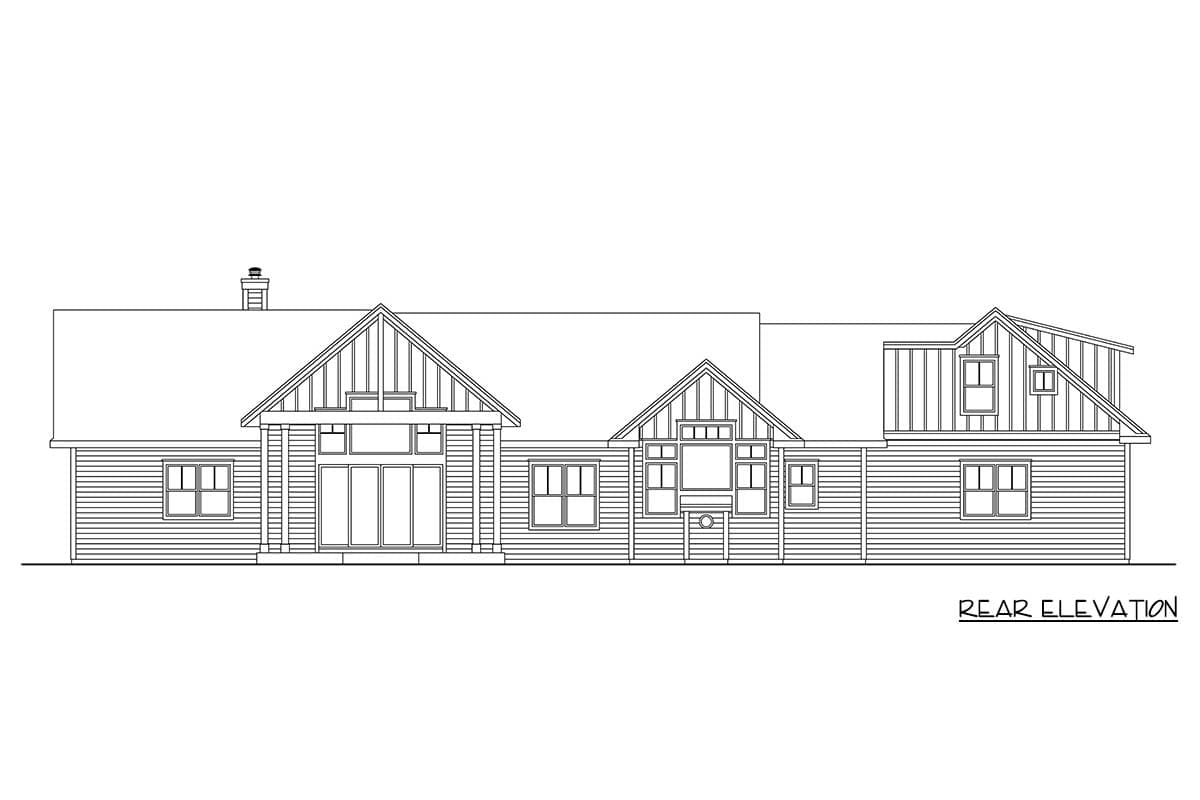 Rear elevation house plan with multiple gables, large windows, and horizontal siding.