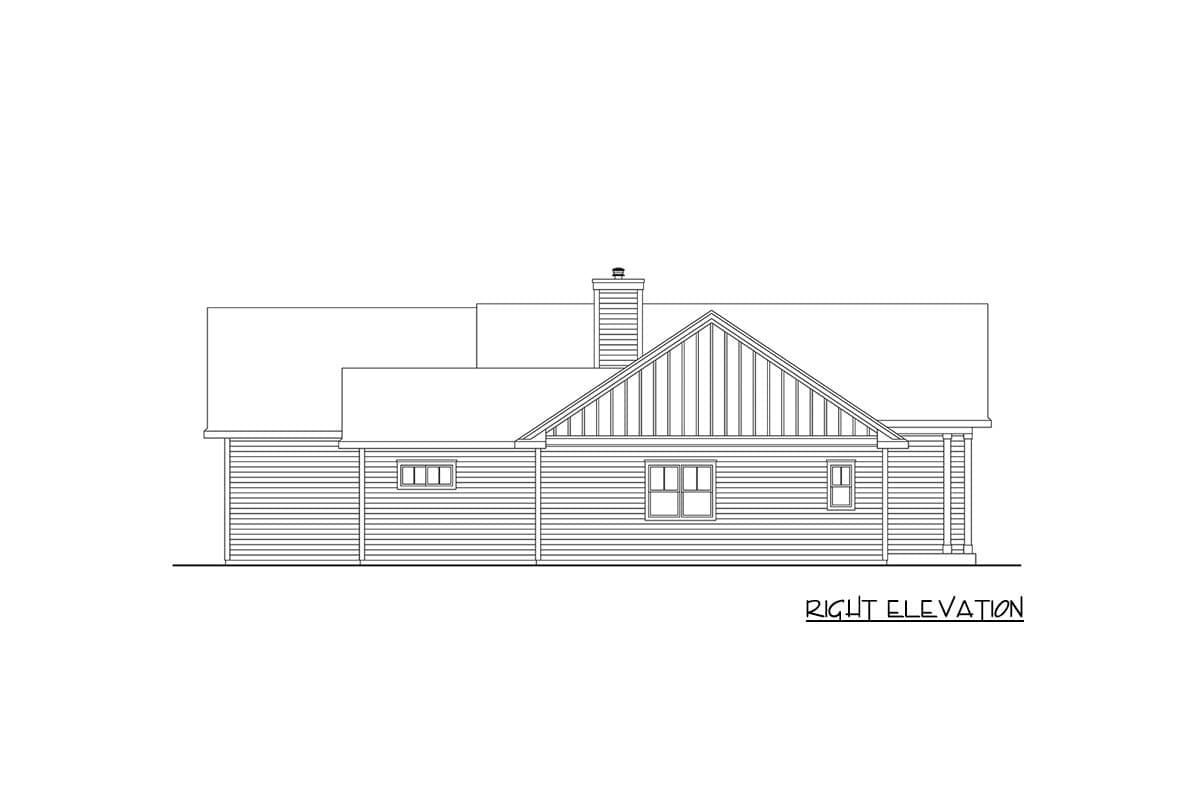 Right elevation of a house plan featuring horizontal siding, a gabled dormer with vertical siding, a chimney, and three windows.