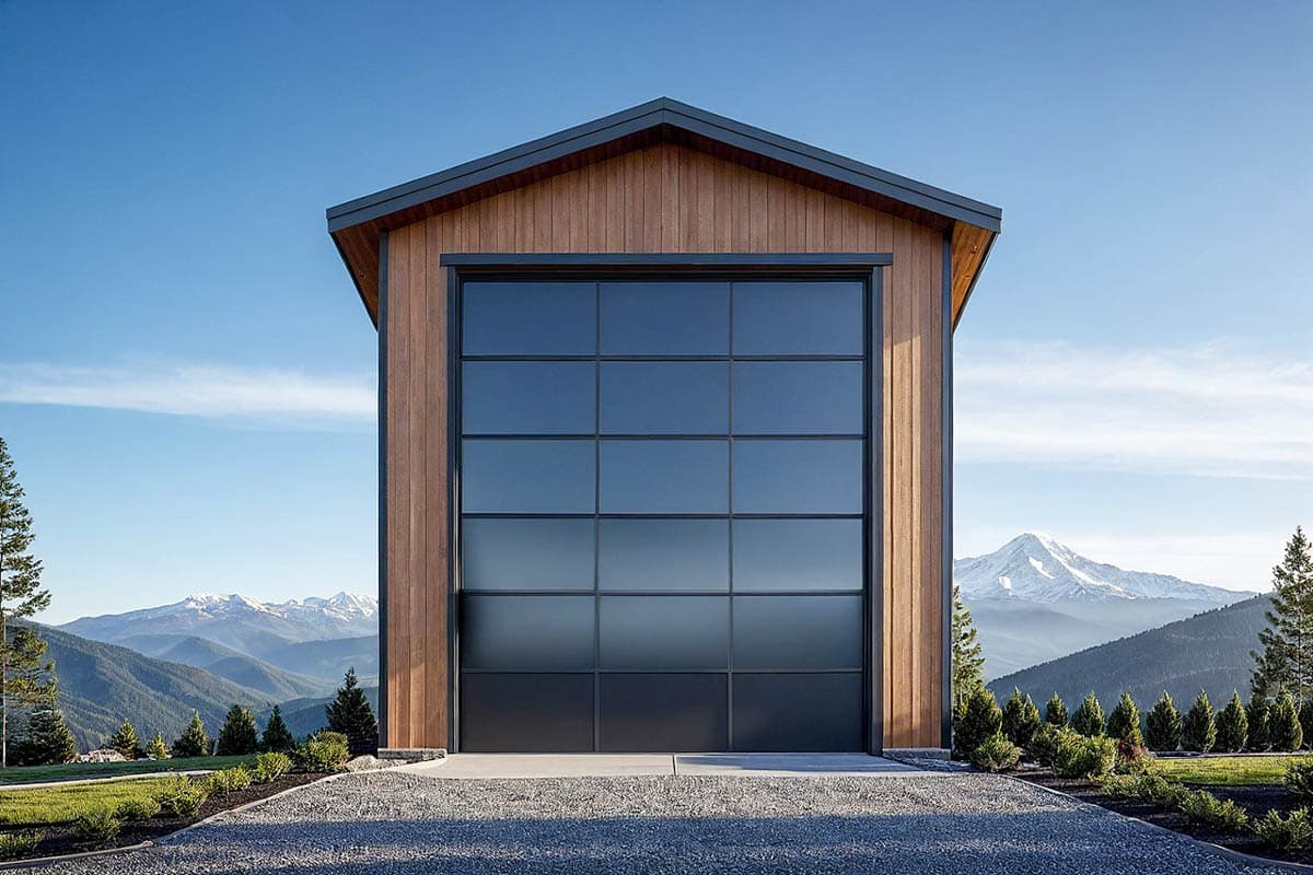 House plan exterior. Modern style with shed roof. Features include large glass garage door and wood siding. Located in a mountainous landscape.