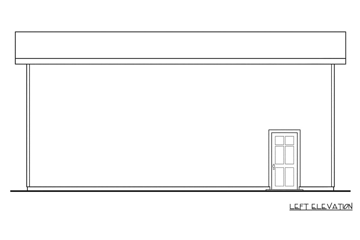 Left elevation drawing of a house plan featuring a simple facade with a single paneled door on the right.