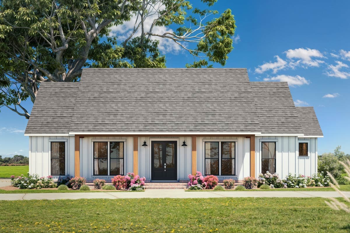 House plan exterior. One-story Modern Farmhouse with a gabled roof, board-and-batten siding, and a covered front porch.