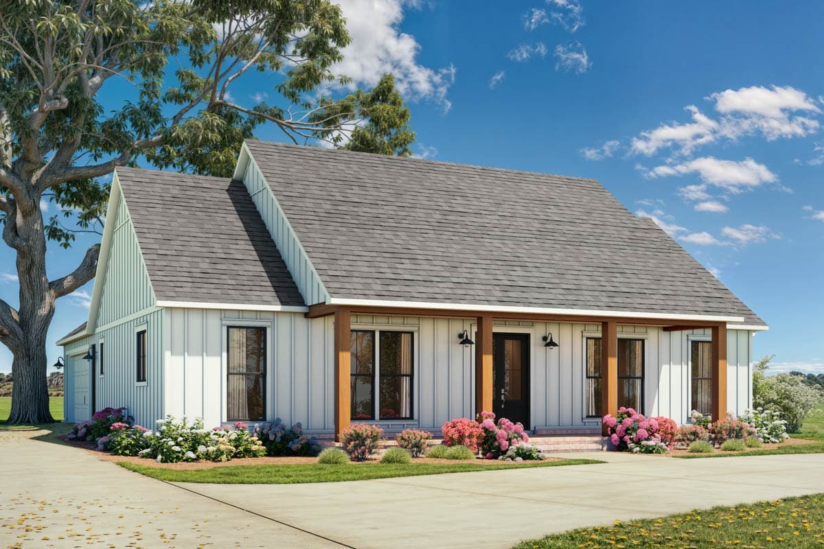 Modern Farmhouse style house plan exterior, one story, white vertical siding, gable roof, covered porch with wood beams.