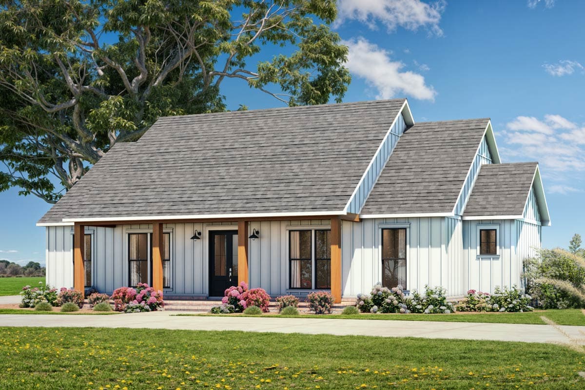 Modern Farmhouse house plan exterior with board-and-batten siding, covered front porch with wood supports, and gable rooflines.