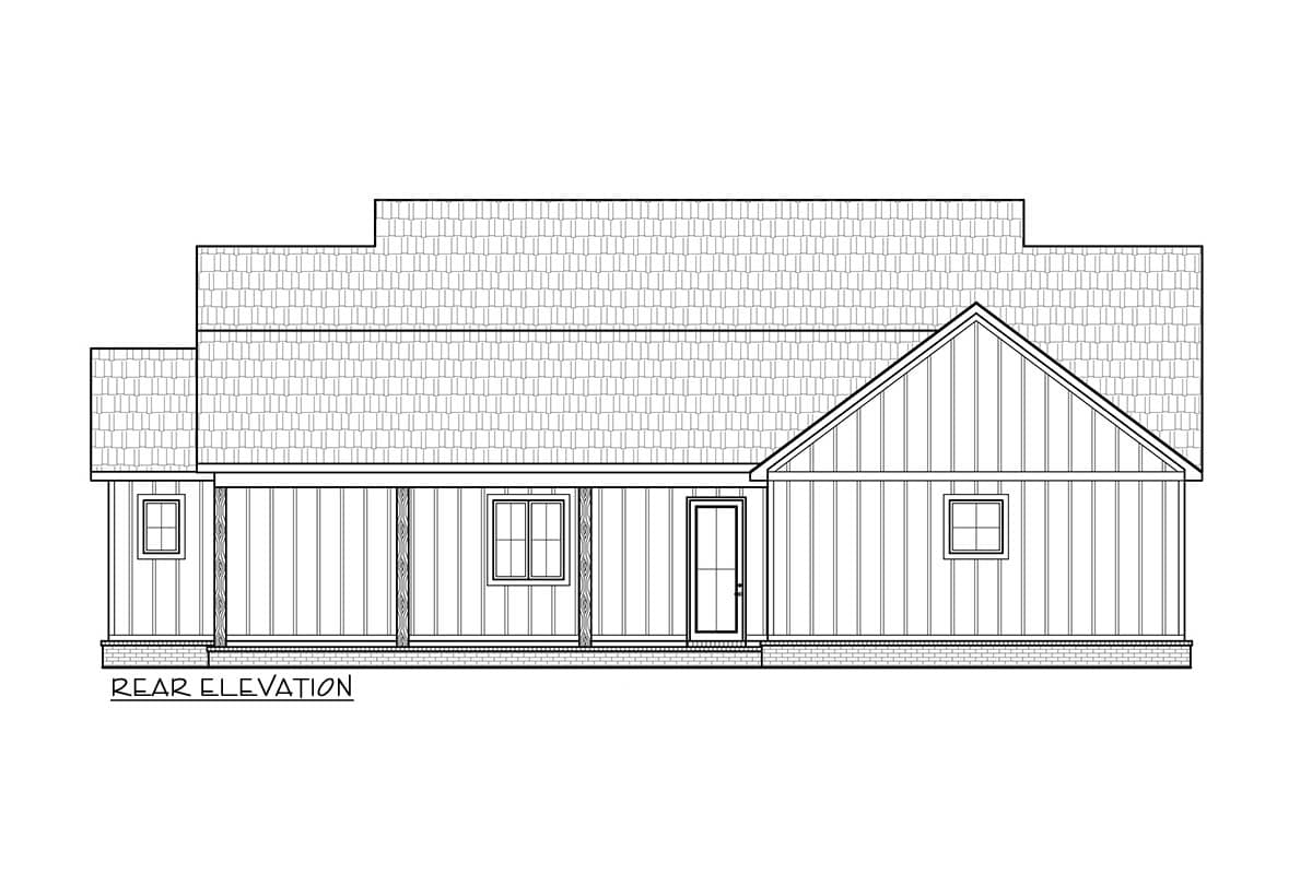 Rear elevation house plan with a covered porch, multiple gables, and varied rooflines.