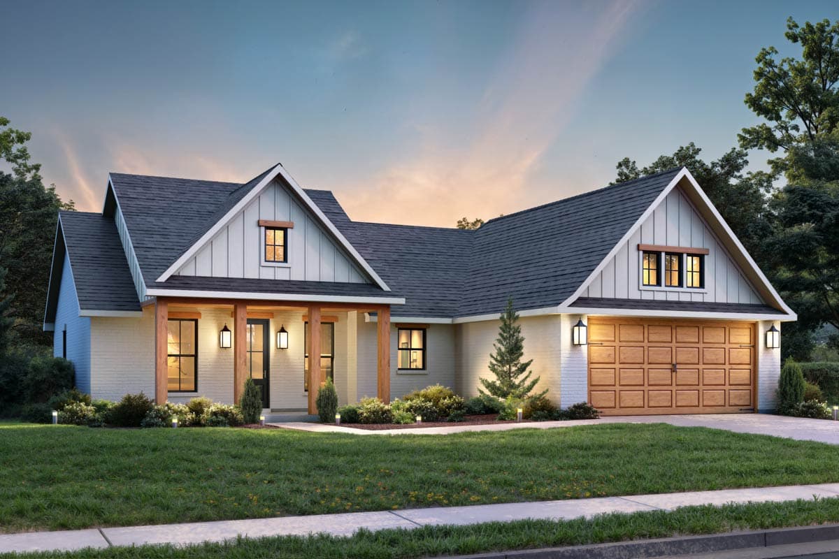 Modern Farmhouse style house plan exterior. Features covered entry with wood posts, white brick, gabled dormers, and wood garage door.