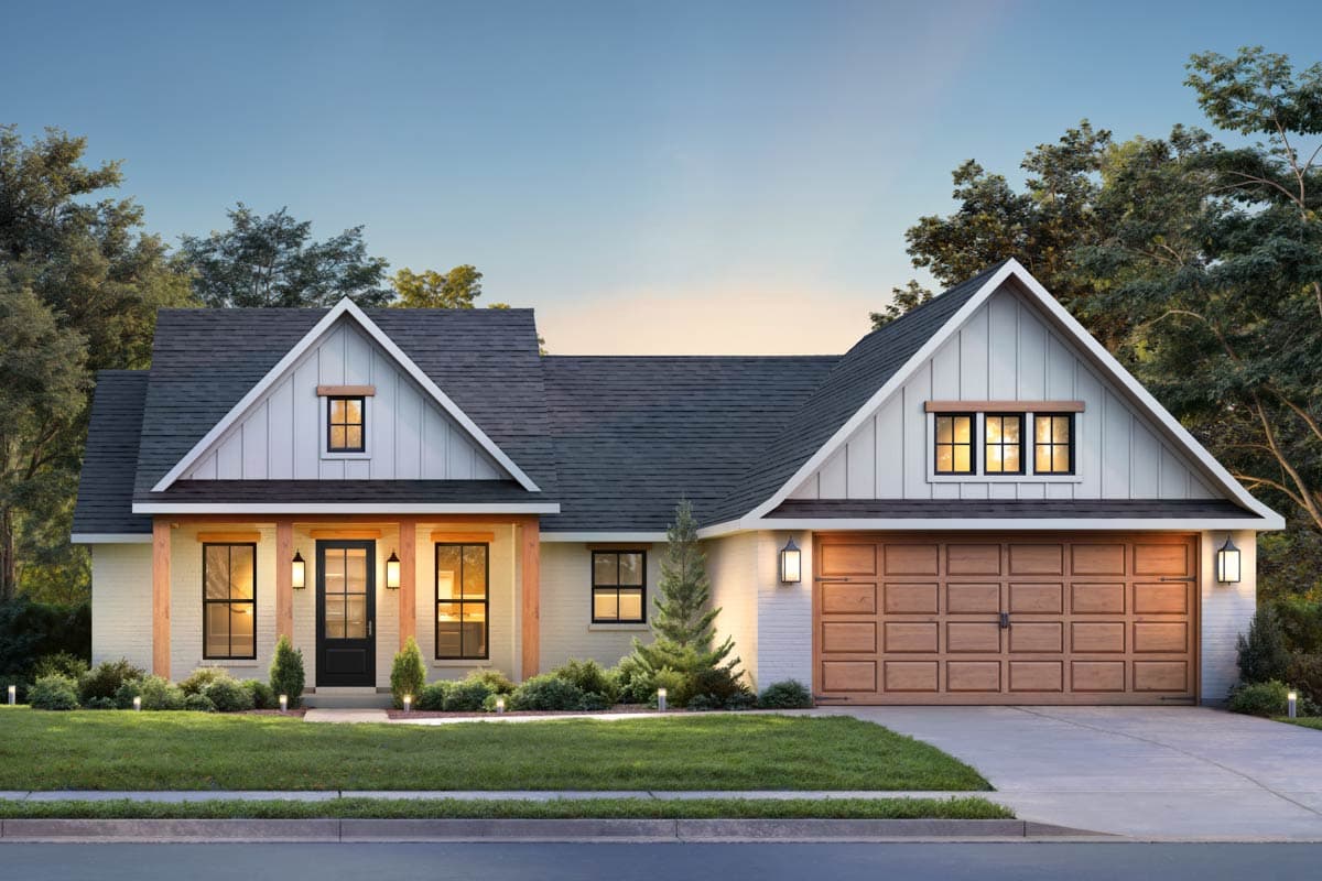 House plan exterior featuring a Modern Farmhouse style with a gable roof, covered porch, and attached garage. One-story home with dormer windows.