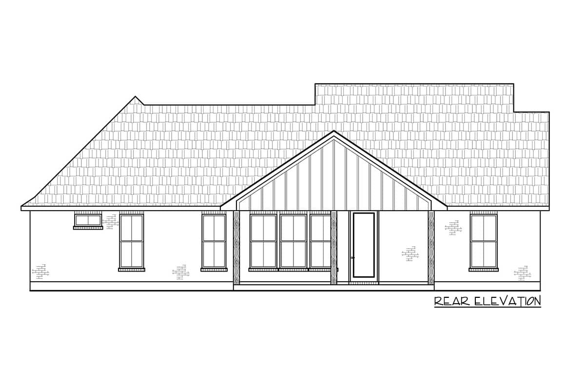 Rear elevation drawing of a single-story house plan with a gabled roof, multiple windows, and a covered entry.