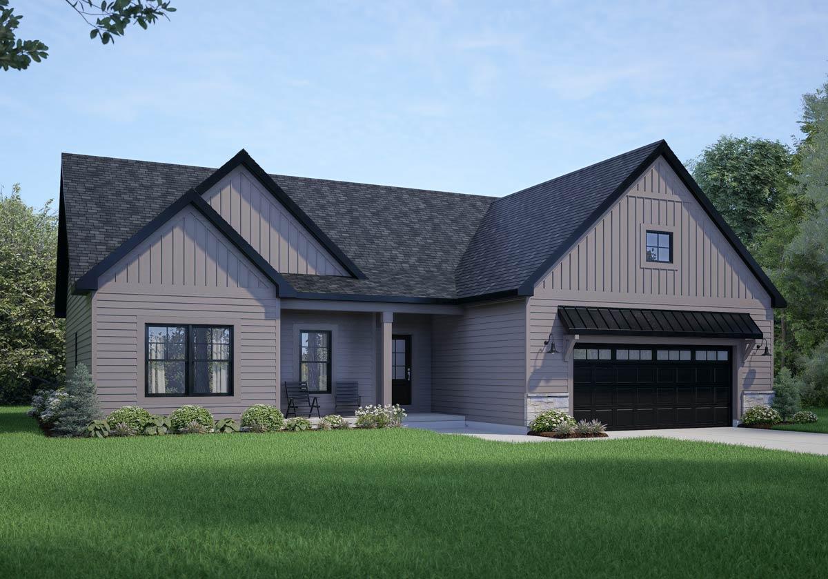House plan exterior. Modern Farmhouse style, single story, with gable roof, covered porch, and attached garage.