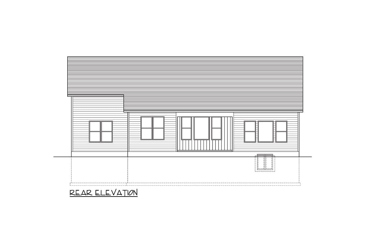 Rear elevation of a house plan with horizontal siding, multiple windows, and a foundation.