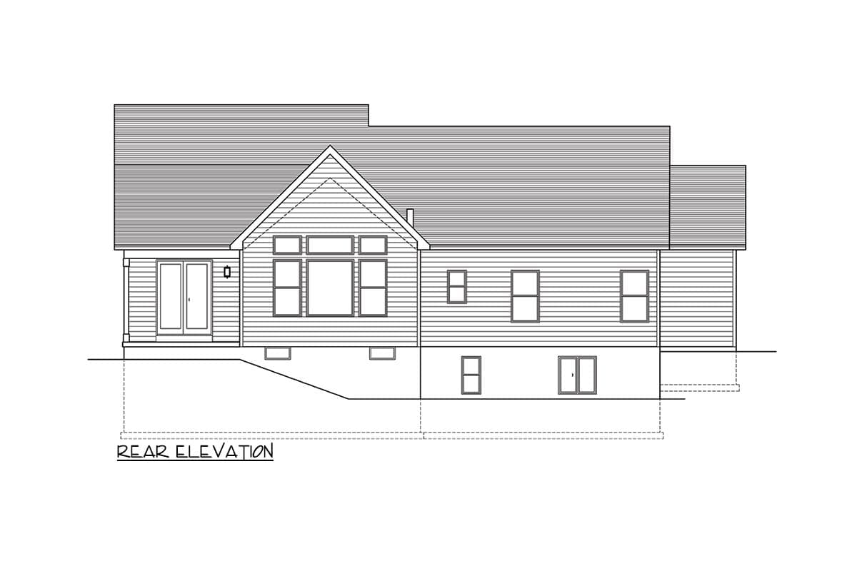 Rear elevation drawing of a house plan with a gable roof, double doors, and multiple windows.
