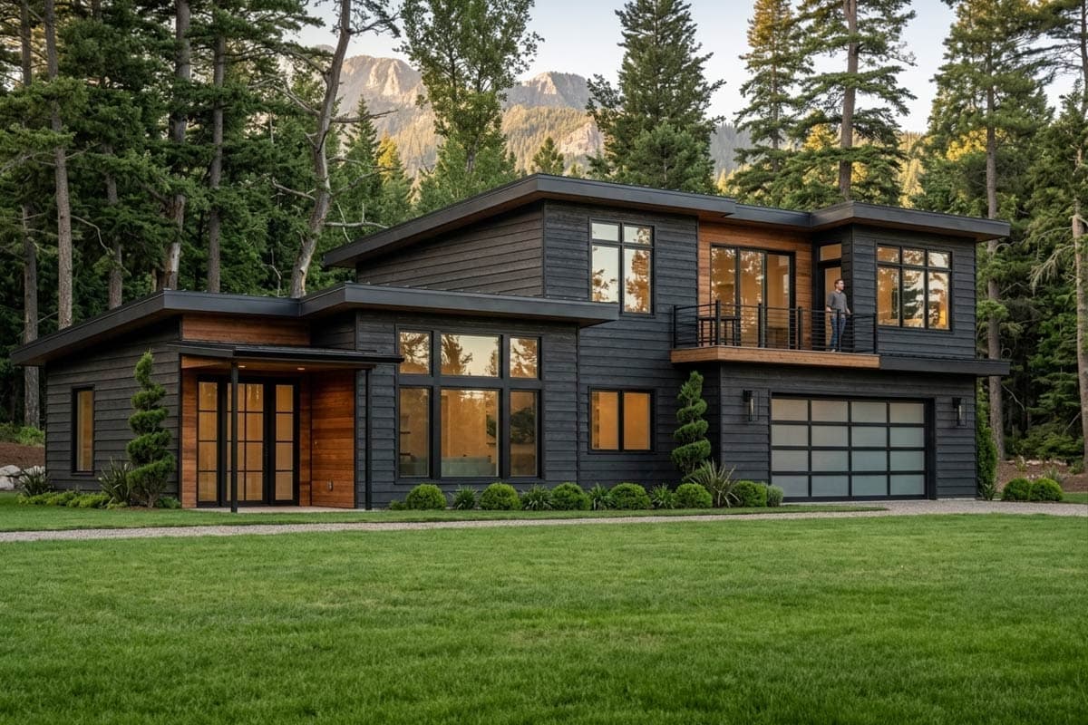 Modern house plan exterior with multiple levels, cantilevered balcony, wood and dark siding, and glass garage door.