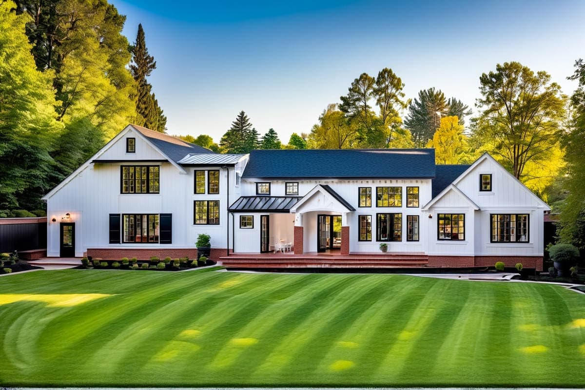 Modern Farmhouse house plan exterior with white siding, dark trim, multiple gables, and a covered entrance.