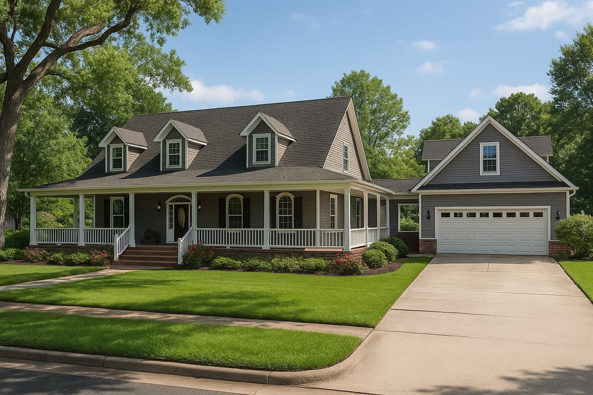 House plan exterior. Two-story Colonial with front porch, dormers, and attached garage. Gable roof and symmetrical facade.