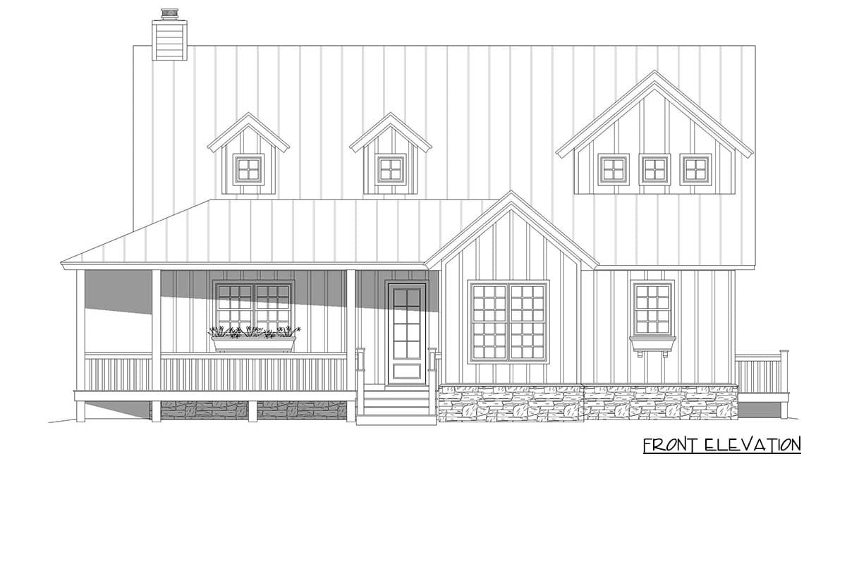 Front elevation house plan: A two-story home with a wraparound porch, metal roof, dormers, and stone foundation.