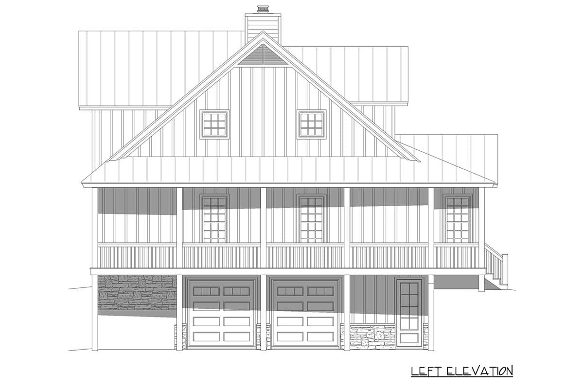 Left elevation house plan with a full-width porch, three garage doors, and stone accents.