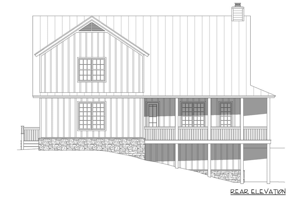 Rear elevation drawing of a two-story house with gabled dormer, metal roof, stone foundation, and wrap-around porch.